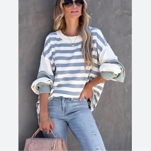 Vici Tops - VICI Striped Oversized Sweatshirt
